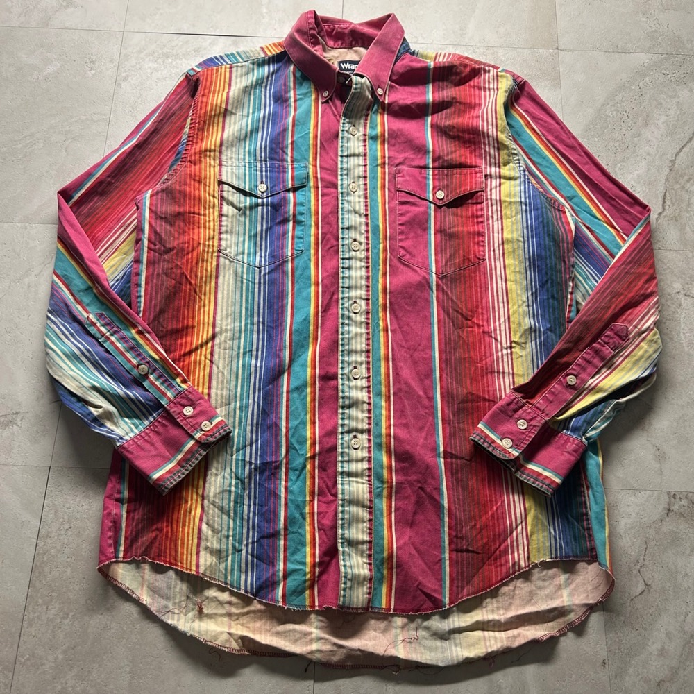 Wrangler Cowboy Cut Shirt Multi Color Stripe Mens 16.5 Western Distressed 1039